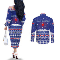 North Korea Christmas Couples Matching Off The Shoulder Long Sleeve Dress and Long Sleeve Button Shirt with Blue Pattern, Red Star, and Snowy Mountain Motif - Wonder Print Shop