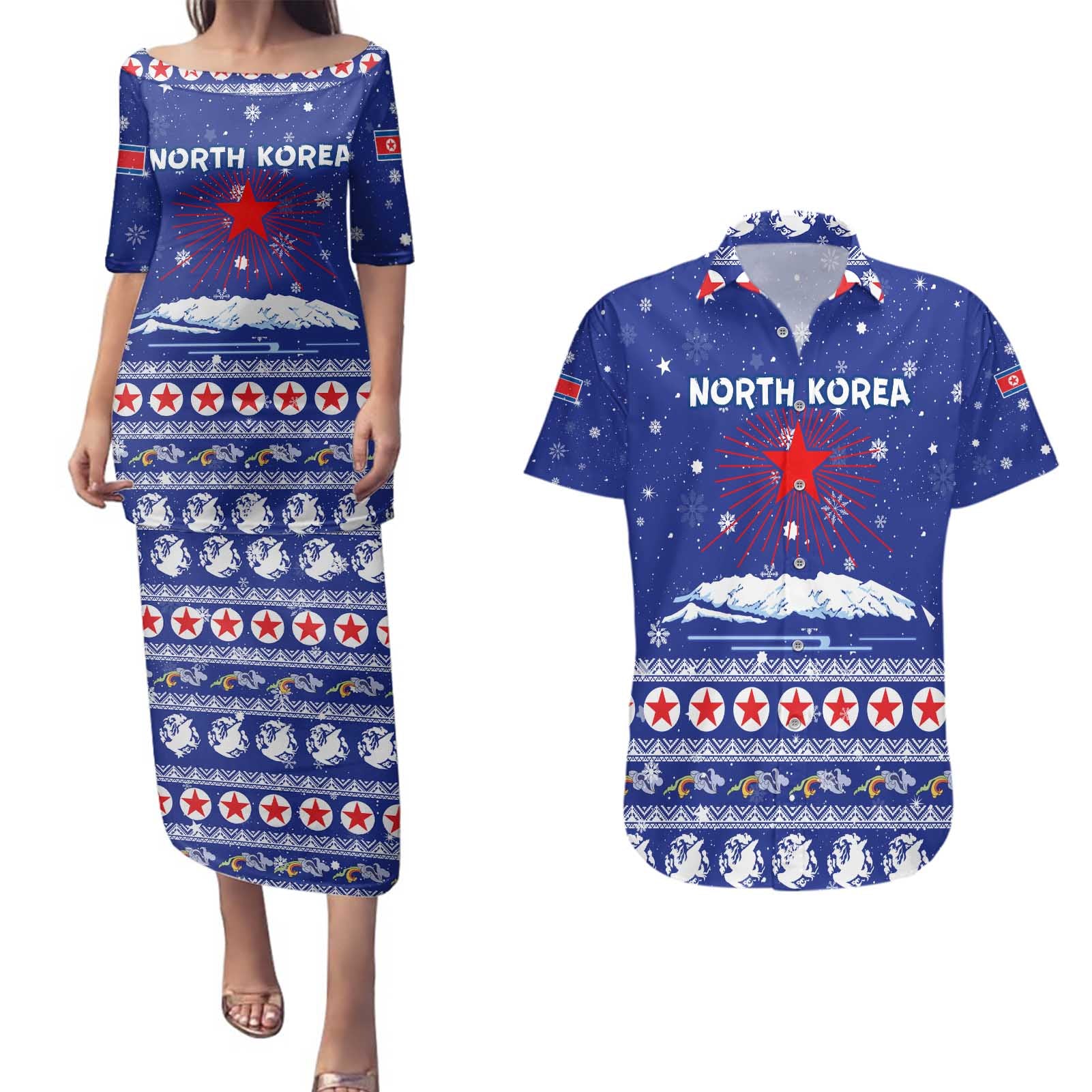 North Korea Christmas Couples Matching Puletasi and Hawaiian Shirt with Blue Pattern, Red Star, and Snowy Mountain Motif - Wonder Print Shop