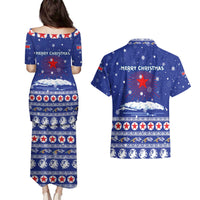 North Korea Christmas Couples Matching Puletasi and Hawaiian Shirt with Blue Pattern, Red Star, and Snowy Mountain Motif - Wonder Print Shop