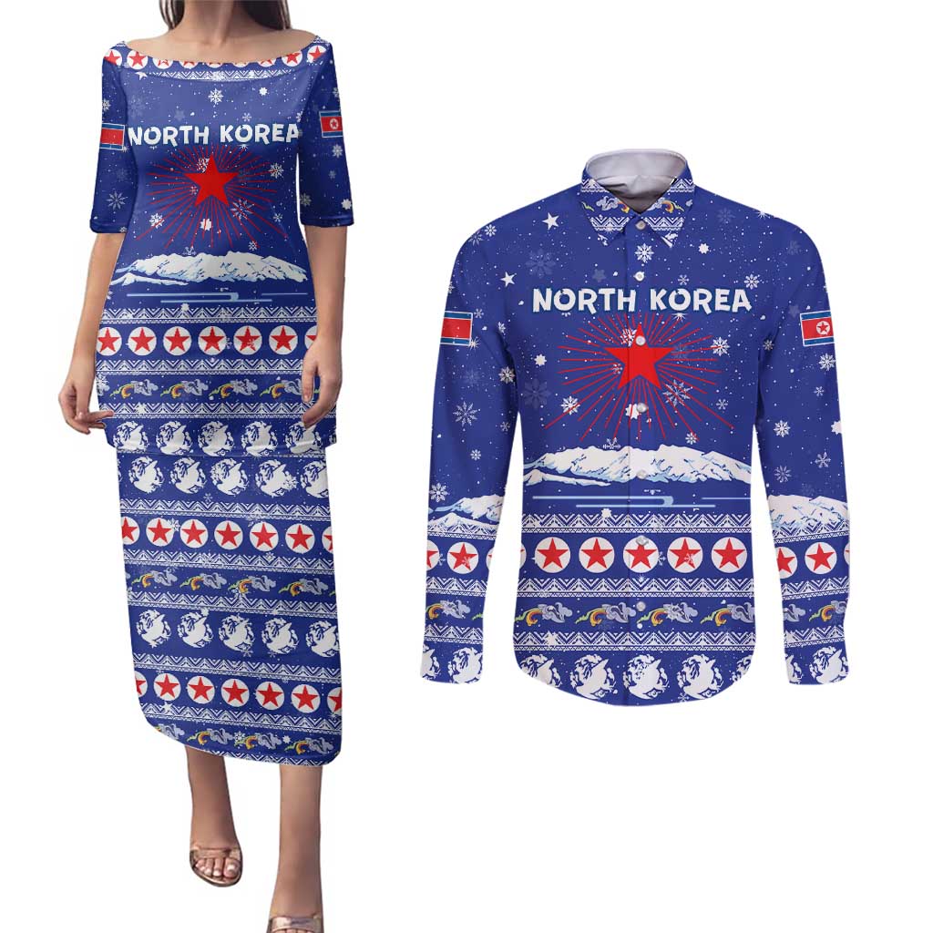 North Korea Christmas Couples Matching Puletasi and Long Sleeve Button Shirt with Blue Pattern, Red Star, and Snowy Mountain Motif - Wonder Print Shop
