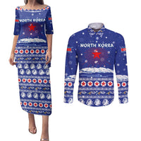 North Korea Christmas Couples Matching Puletasi and Long Sleeve Button Shirt with Blue Pattern, Red Star, and Snowy Mountain Motif - Wonder Print Shop