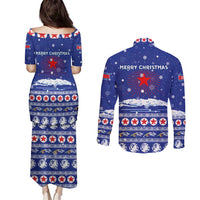 North Korea Christmas Couples Matching Puletasi and Long Sleeve Button Shirt with Blue Pattern, Red Star, and Snowy Mountain Motif - Wonder Print Shop