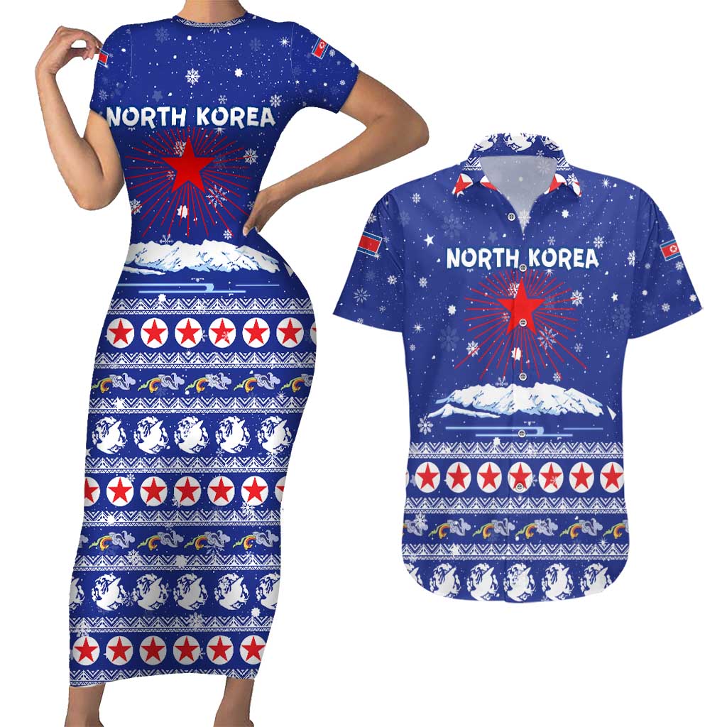 North Korea Christmas Couples Matching Short Sleeve Bodycon Dress and Hawaiian Shirt with Blue Pattern, Red Star, and Snowy Mountain Motif - Wonder Print Shop