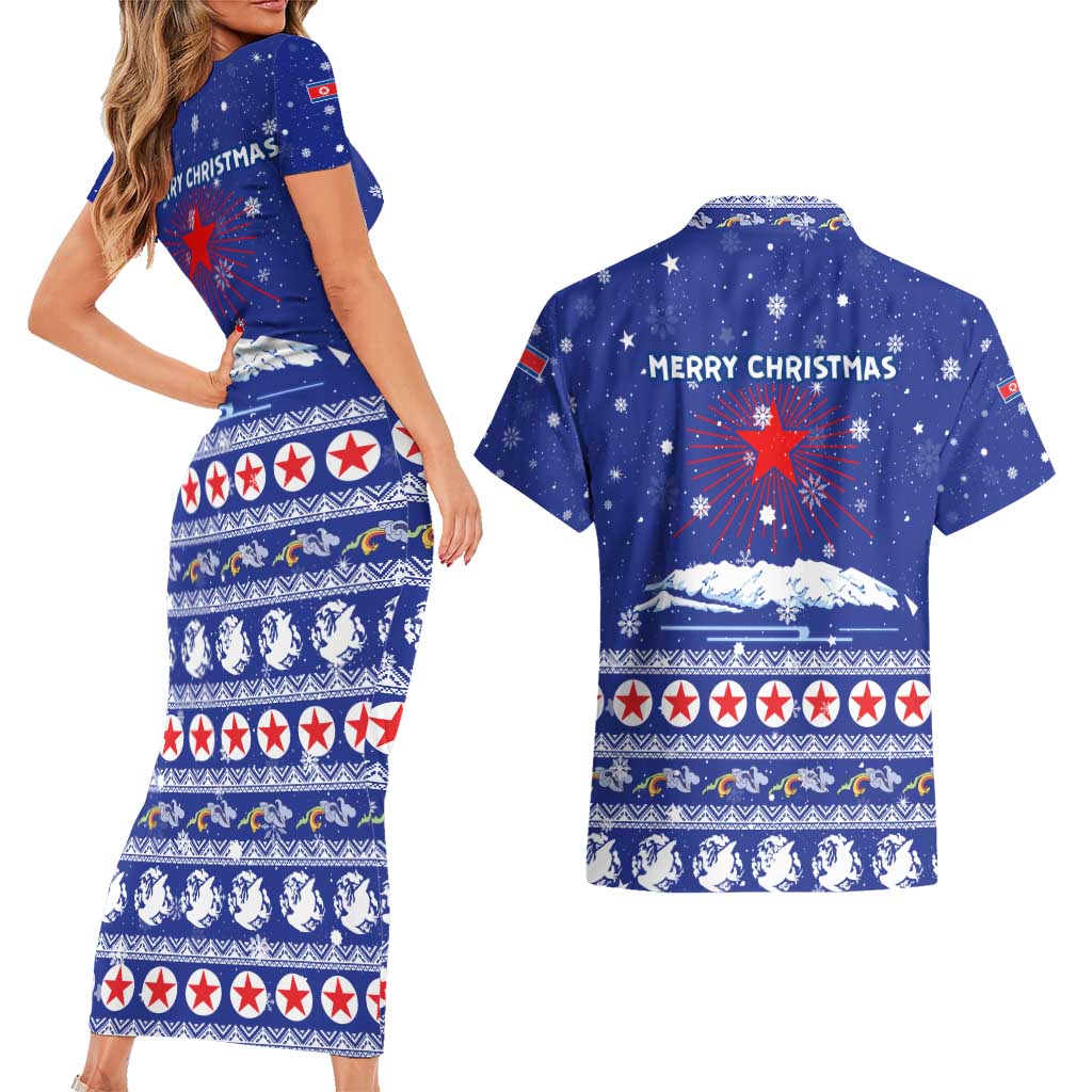 North Korea Christmas Couples Matching Short Sleeve Bodycon Dress and Hawaiian Shirt with Blue Pattern, Red Star, and Snowy Mountain Motif - Wonder Print Shop