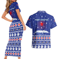 North Korea Christmas Couples Matching Short Sleeve Bodycon Dress and Hawaiian Shirt with Blue Pattern, Red Star, and Snowy Mountain Motif - Wonder Print Shop