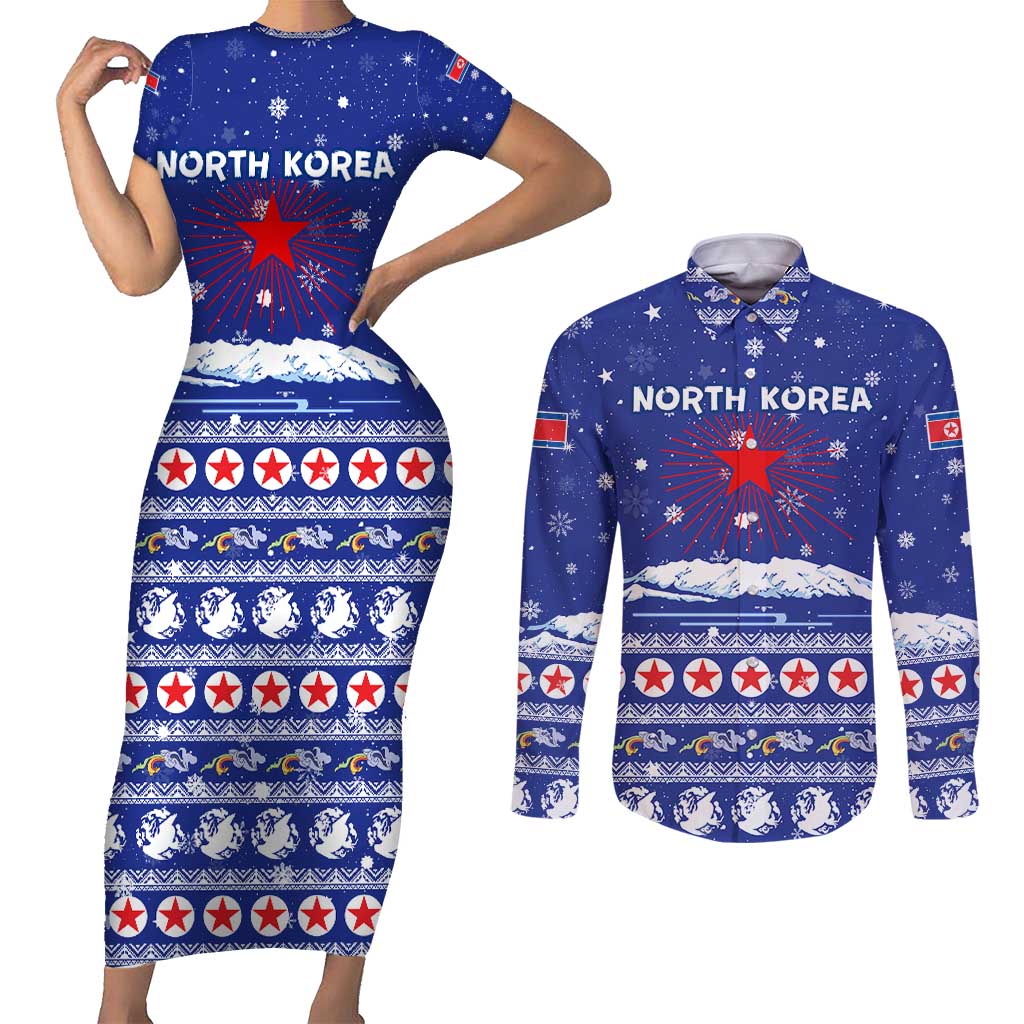 North Korea Christmas Couples Matching Short Sleeve Bodycon Dress and Long Sleeve Button Shirt with Blue Pattern, Red Star, and Snowy Mountain Motif - Wonder Print Shop