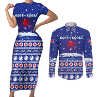 North Korea Christmas Couples Matching Short Sleeve Bodycon Dress and Long Sleeve Button Shirt with Blue Pattern, Red Star, and Snowy Mountain Motif - Wonder Print Shop