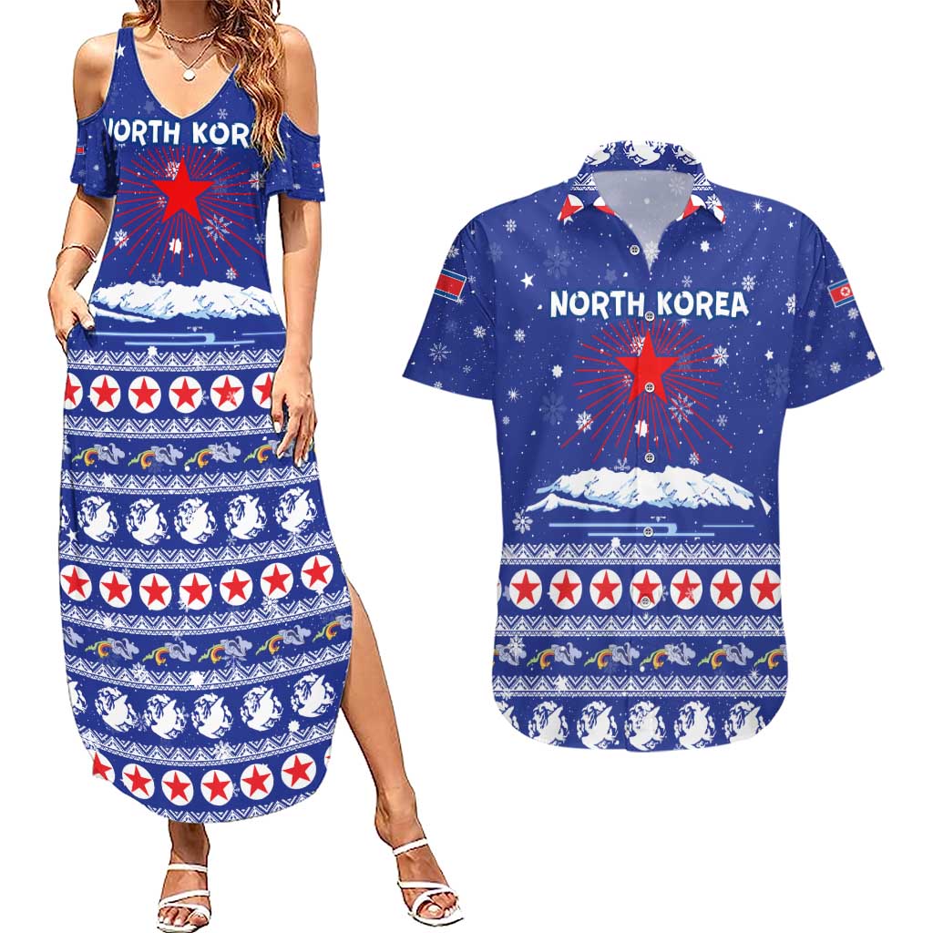 North Korea Christmas Couples Matching Summer Maxi Dress and Hawaiian Shirt with Blue Pattern, Red Star, and Snowy Mountain Motif - Wonder Print Shop