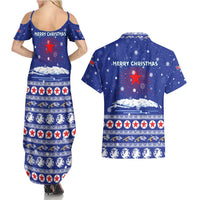 North Korea Christmas Couples Matching Summer Maxi Dress and Hawaiian Shirt with Blue Pattern, Red Star, and Snowy Mountain Motif - Wonder Print Shop