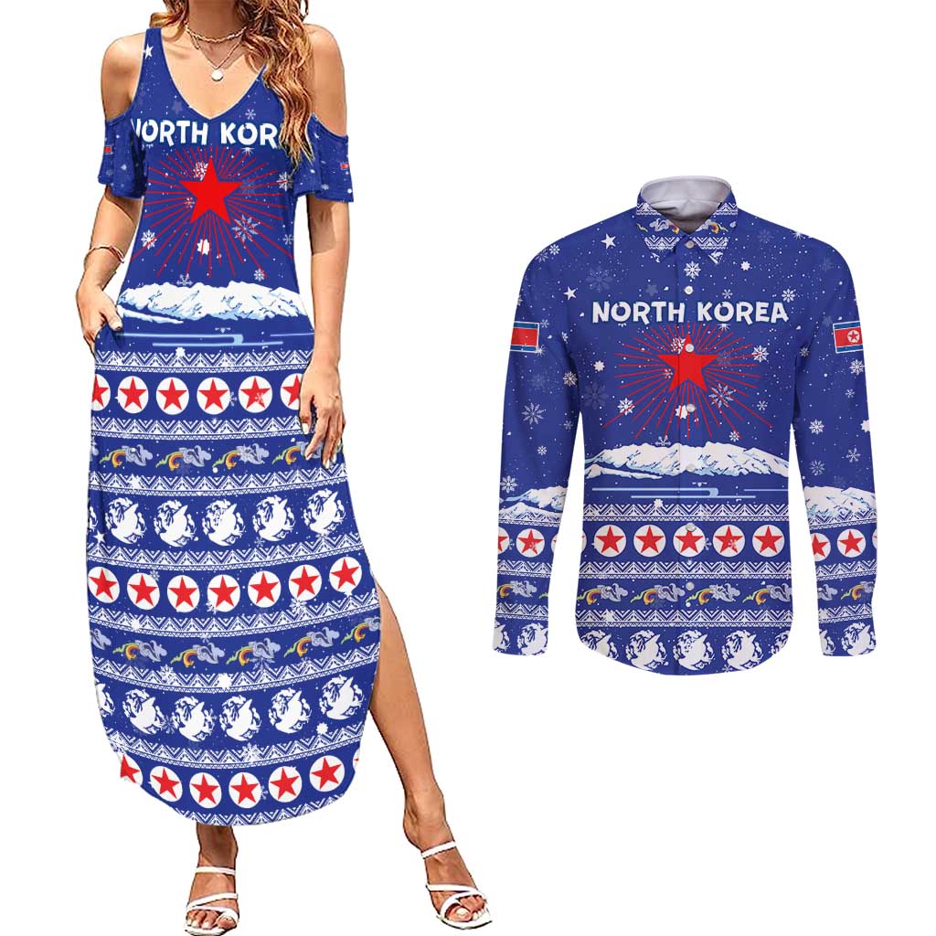 North Korea Christmas Couples Matching Summer Maxi Dress and Long Sleeve Button Shirt with Blue Pattern, Red Star, and Snowy Mountain Motif - Wonder Print Shop