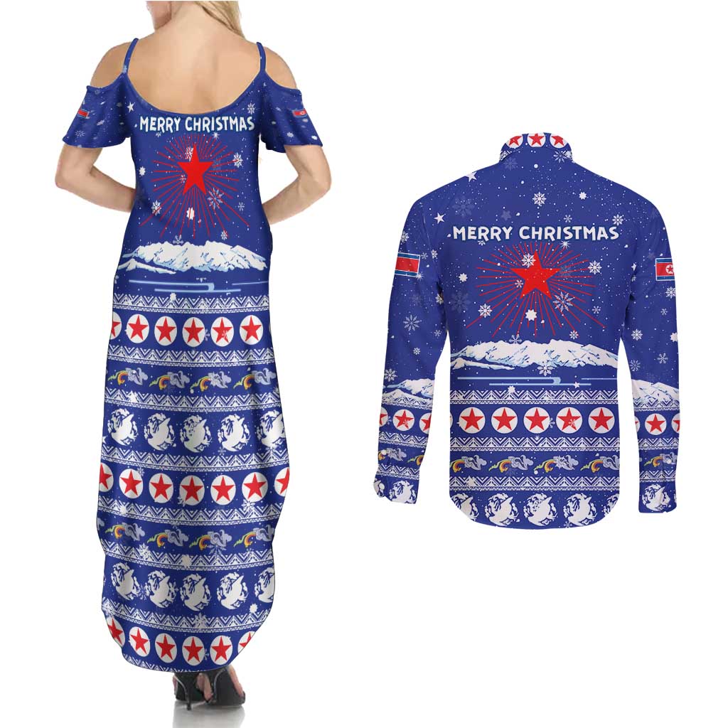 North Korea Christmas Couples Matching Summer Maxi Dress and Long Sleeve Button Shirt with Blue Pattern, Red Star, and Snowy Mountain Motif - Wonder Print Shop