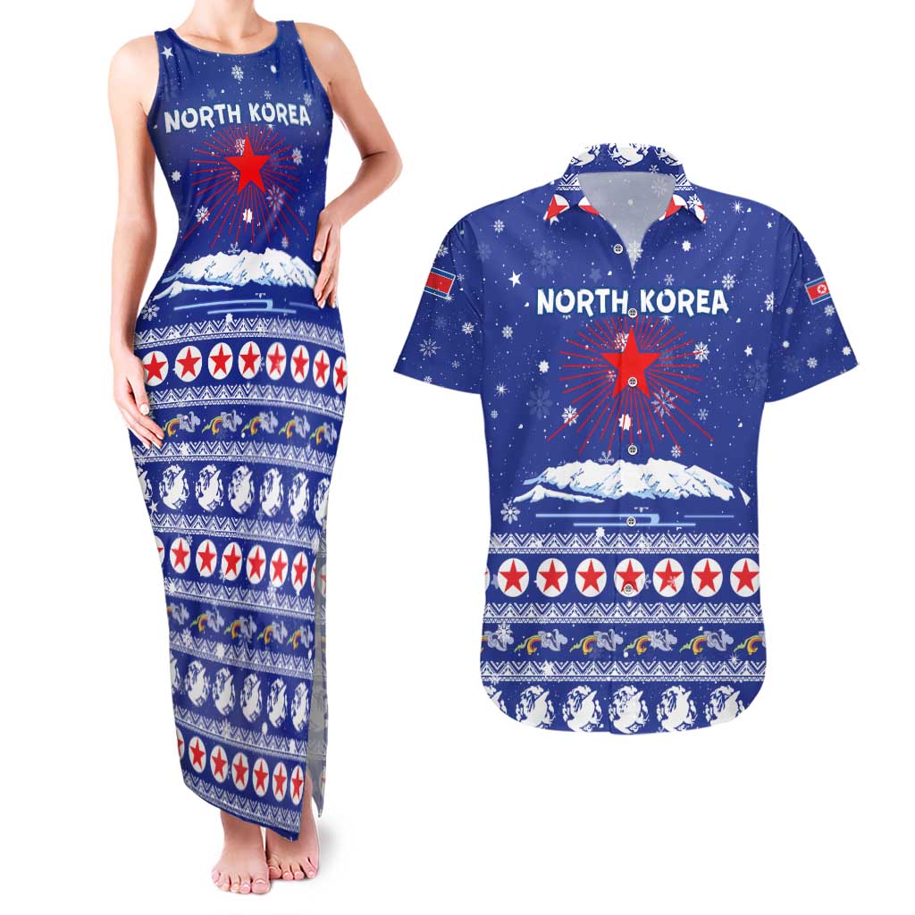 North Korea Christmas Couples Matching Tank Maxi Dress and Hawaiian Shirt with Blue Pattern, Red Star, and Snowy Mountain Motif - Wonder Print Shop
