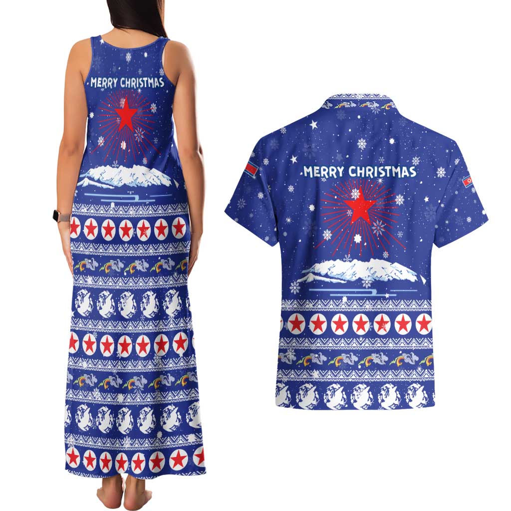 North Korea Christmas Couples Matching Tank Maxi Dress and Hawaiian Shirt with Blue Pattern, Red Star, and Snowy Mountain Motif - Wonder Print Shop