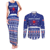 North Korea Christmas Couples Matching Tank Maxi Dress and Long Sleeve Button Shirt with Blue Pattern, Red Star, and Snowy Mountain Motif - Wonder Print Shop