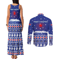 North Korea Christmas Couples Matching Tank Maxi Dress and Long Sleeve Button Shirt with Blue Pattern, Red Star, and Snowy Mountain Motif - Wonder Print Shop
