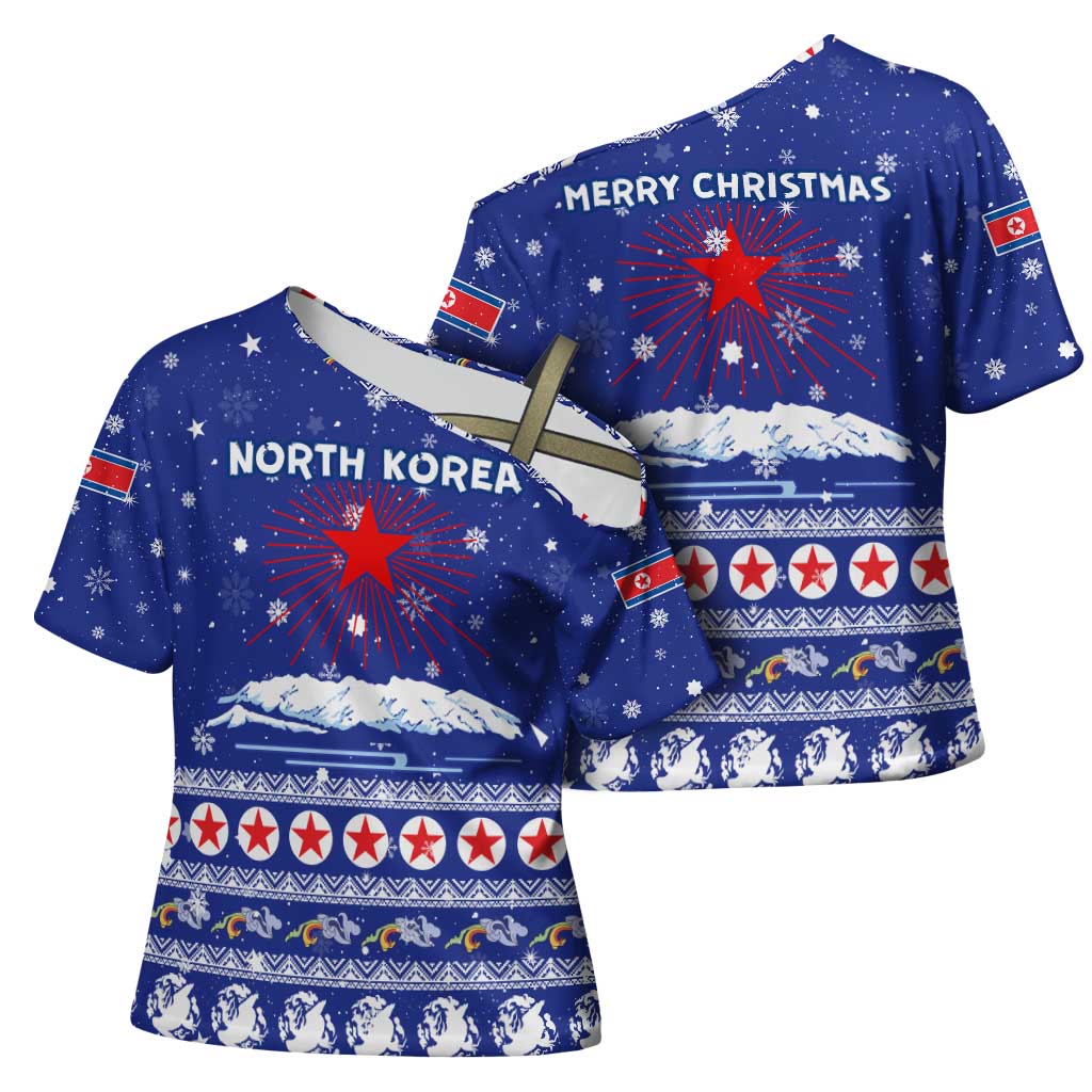 North Korea Christmas Cross Shoulder Shirt with Blue Pattern, Red Star, and Snowy Mountain Motif - Wonder Print Shop