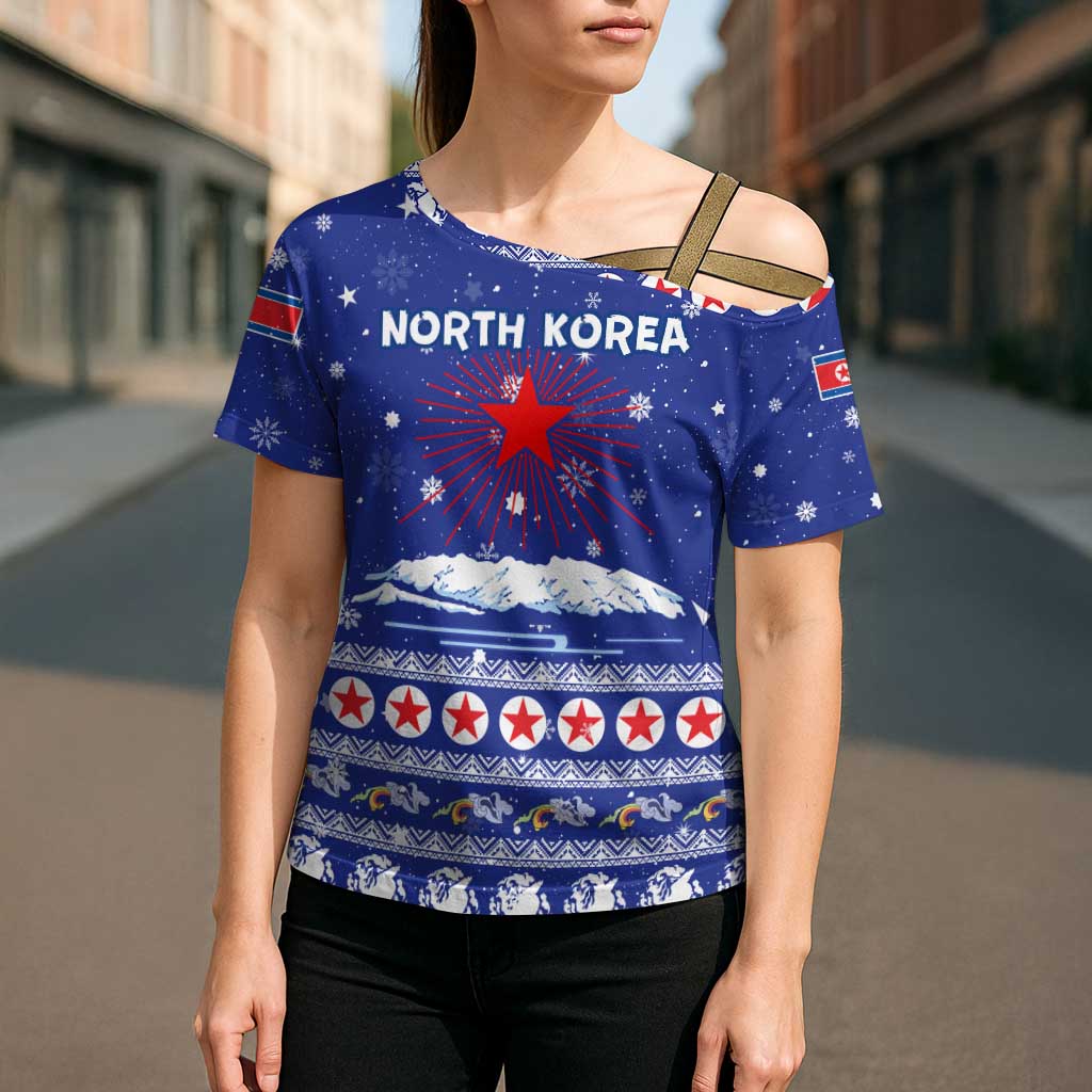 North Korea Christmas Cross Shoulder Shirt with Blue Pattern, Red Star, and Snowy Mountain Motif - Wonder Print Shop