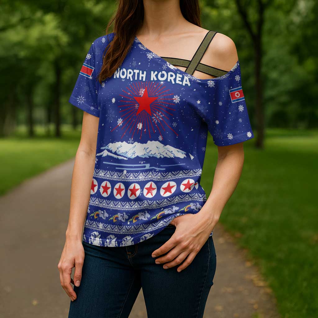 North Korea Christmas Cross Shoulder Shirt with Blue Pattern, Red Star, and Snowy Mountain Motif - Wonder Print Shop