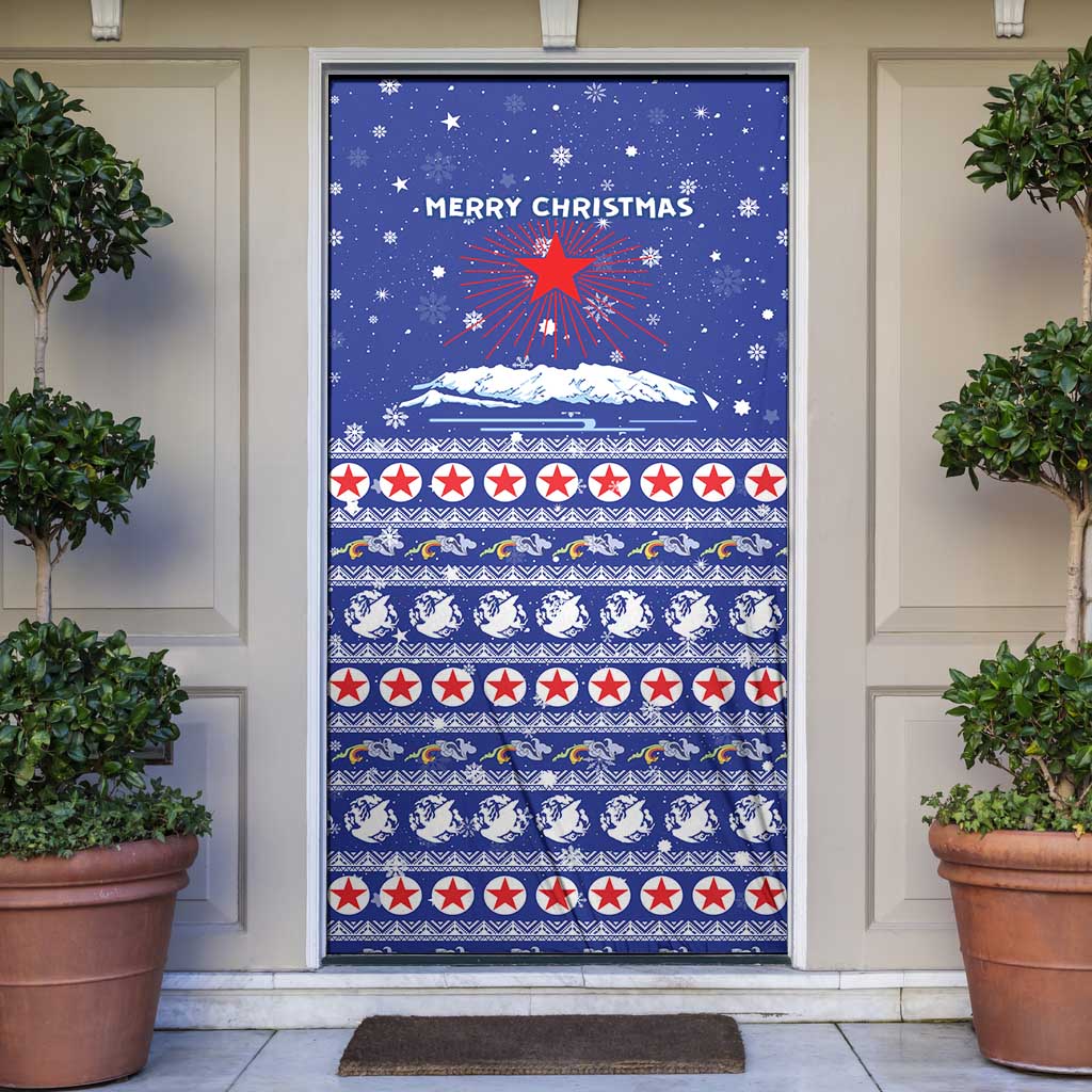 North Korea Christmas Door Cover with Blue Pattern, Red Star, and Snowy Mountain Motif - Wonder Print Shop