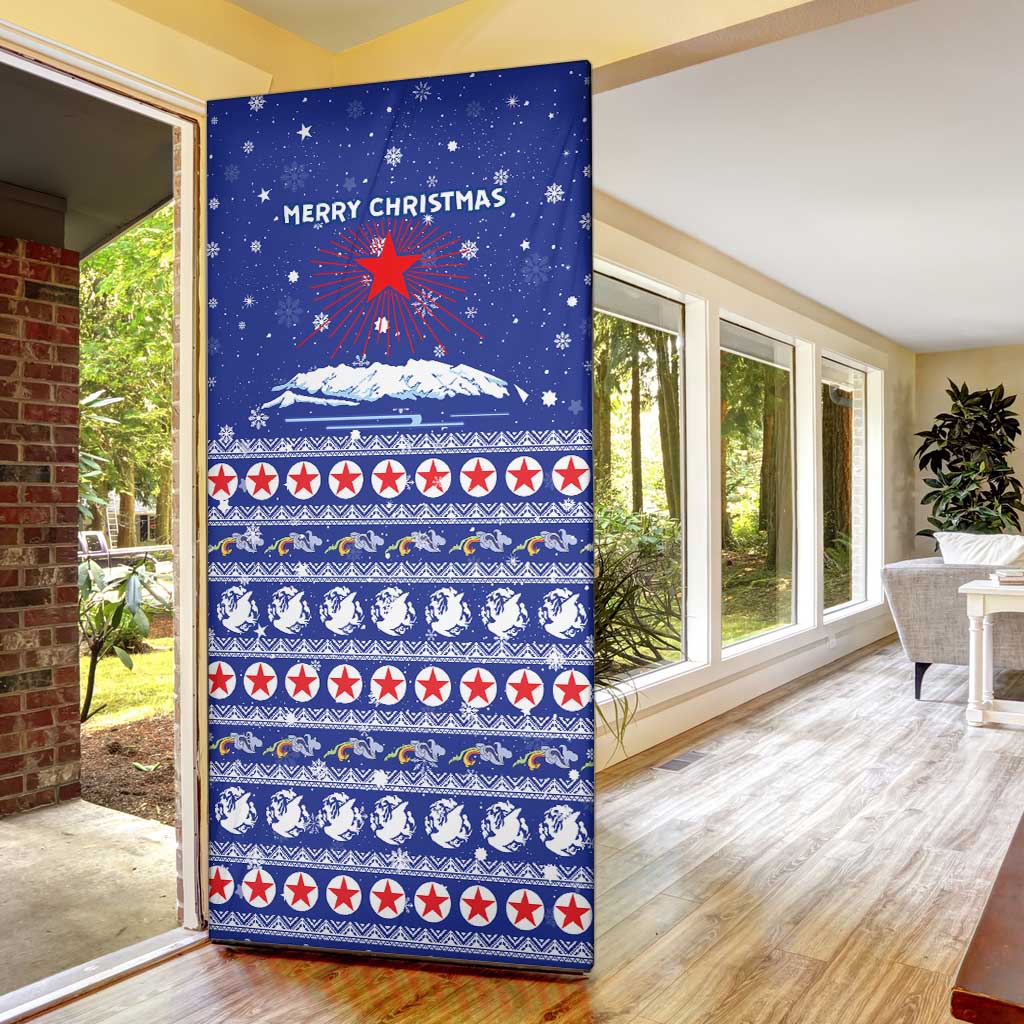 North Korea Christmas Door Cover with Blue Pattern, Red Star, and Snowy Mountain Motif - Wonder Print Shop