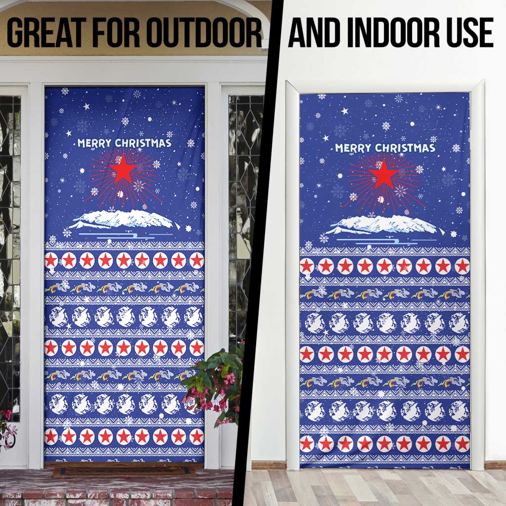 North Korea Christmas Door Cover with Blue Pattern, Red Star, and Snowy Mountain Motif - Wonder Print Shop