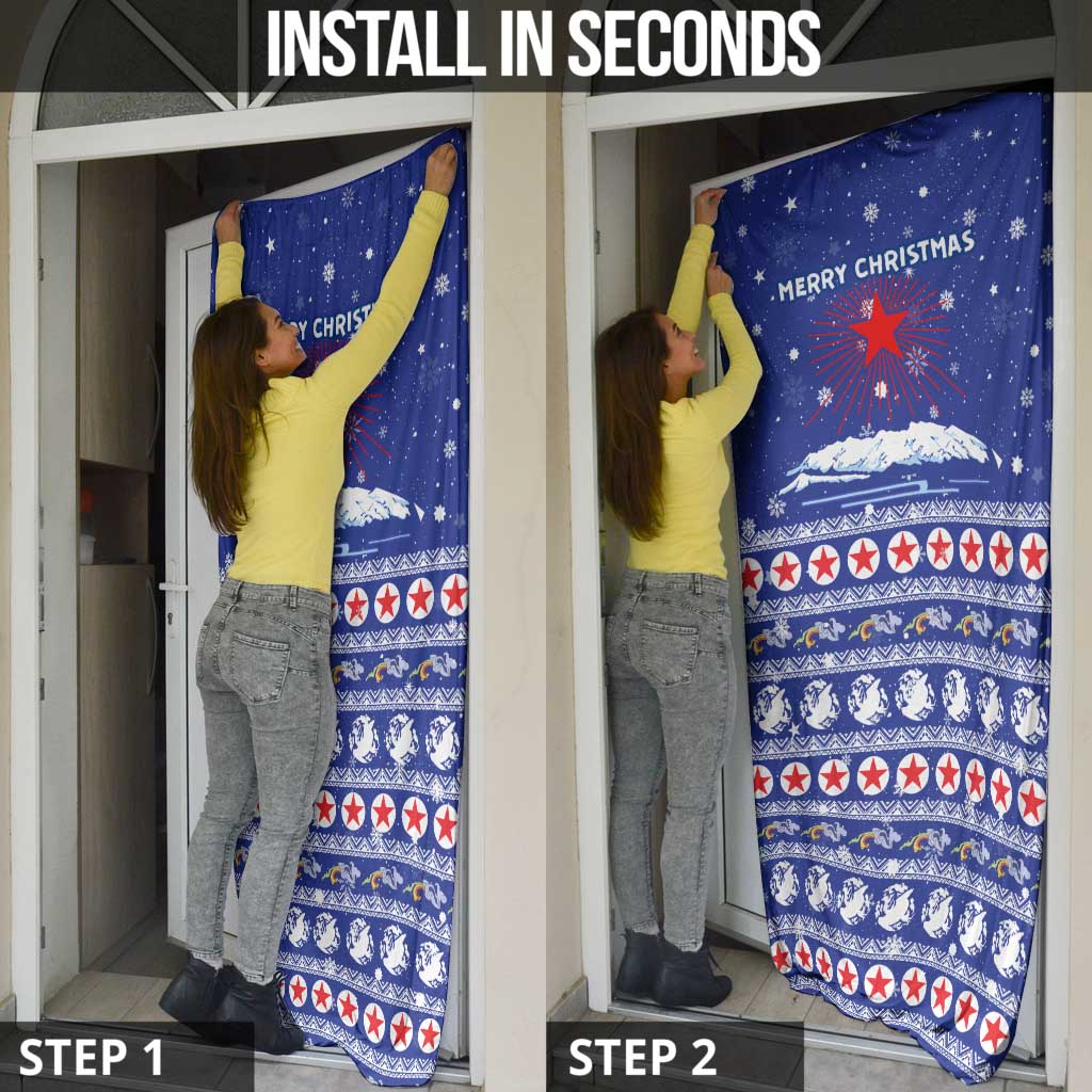 North Korea Christmas Door Cover with Blue Pattern, Red Star, and Snowy Mountain Motif - Wonder Print Shop