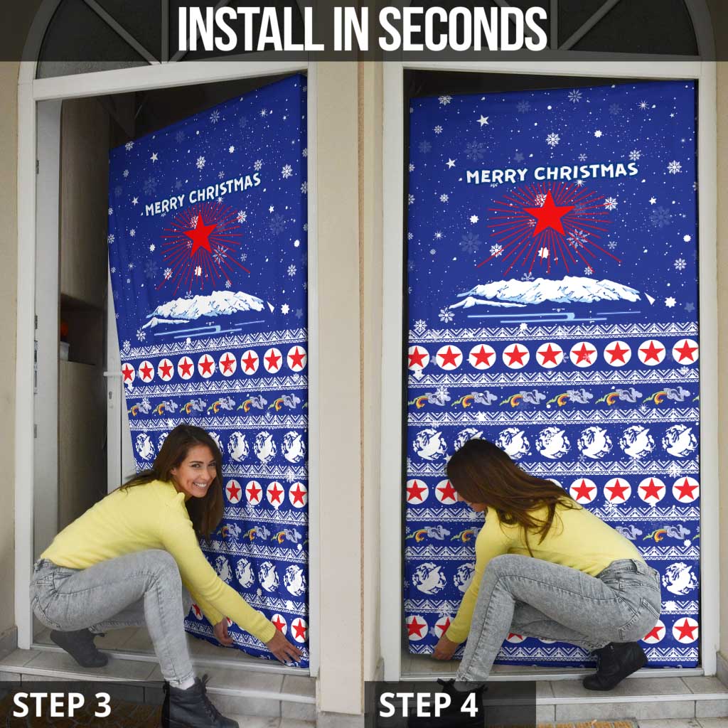 North Korea Christmas Door Cover with Blue Pattern, Red Star, and Snowy Mountain Motif - Wonder Print Shop