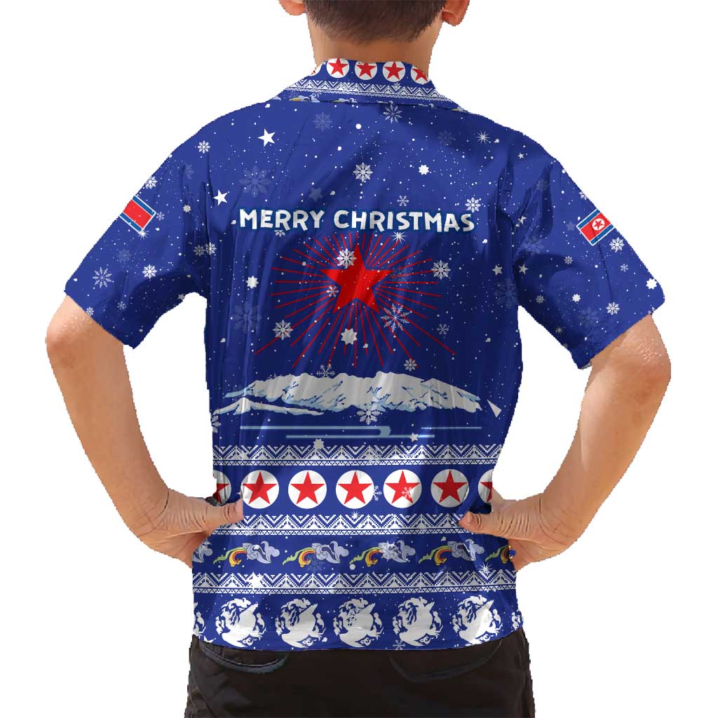 North Korea Christmas Family Matching Long Sleeve Bodycon Dress and Hawaiian Shirt with Blue Pattern, Red Star, and Snowy Mountain Motif - Wonder Print Shop