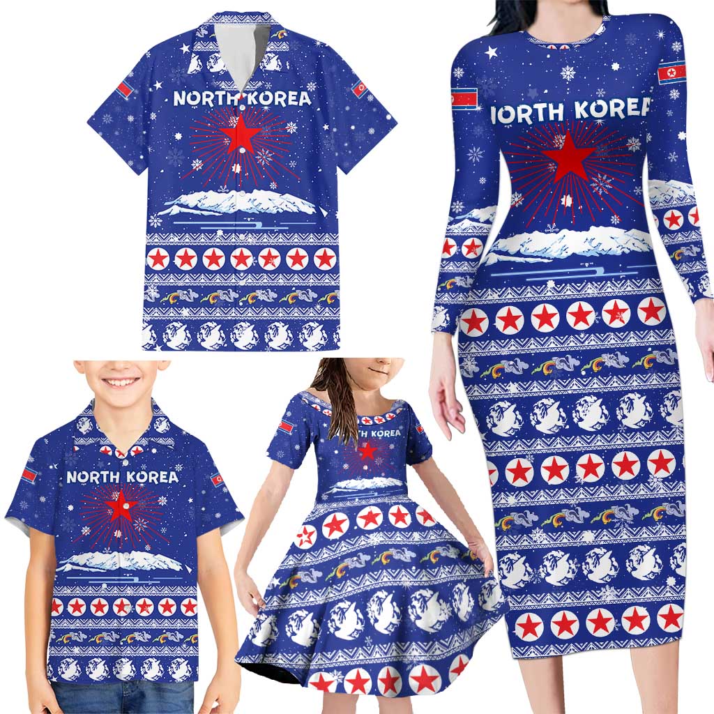 North Korea Christmas Family Matching Long Sleeve Bodycon Dress and Hawaiian Shirt with Blue Pattern, Red Star, and Snowy Mountain Motif - Wonder Print Shop