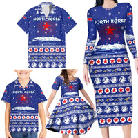 North Korea Christmas Family Matching Long Sleeve Bodycon Dress and Hawaiian Shirt with Blue Pattern, Red Star, and Snowy Mountain Motif - Wonder Print Shop