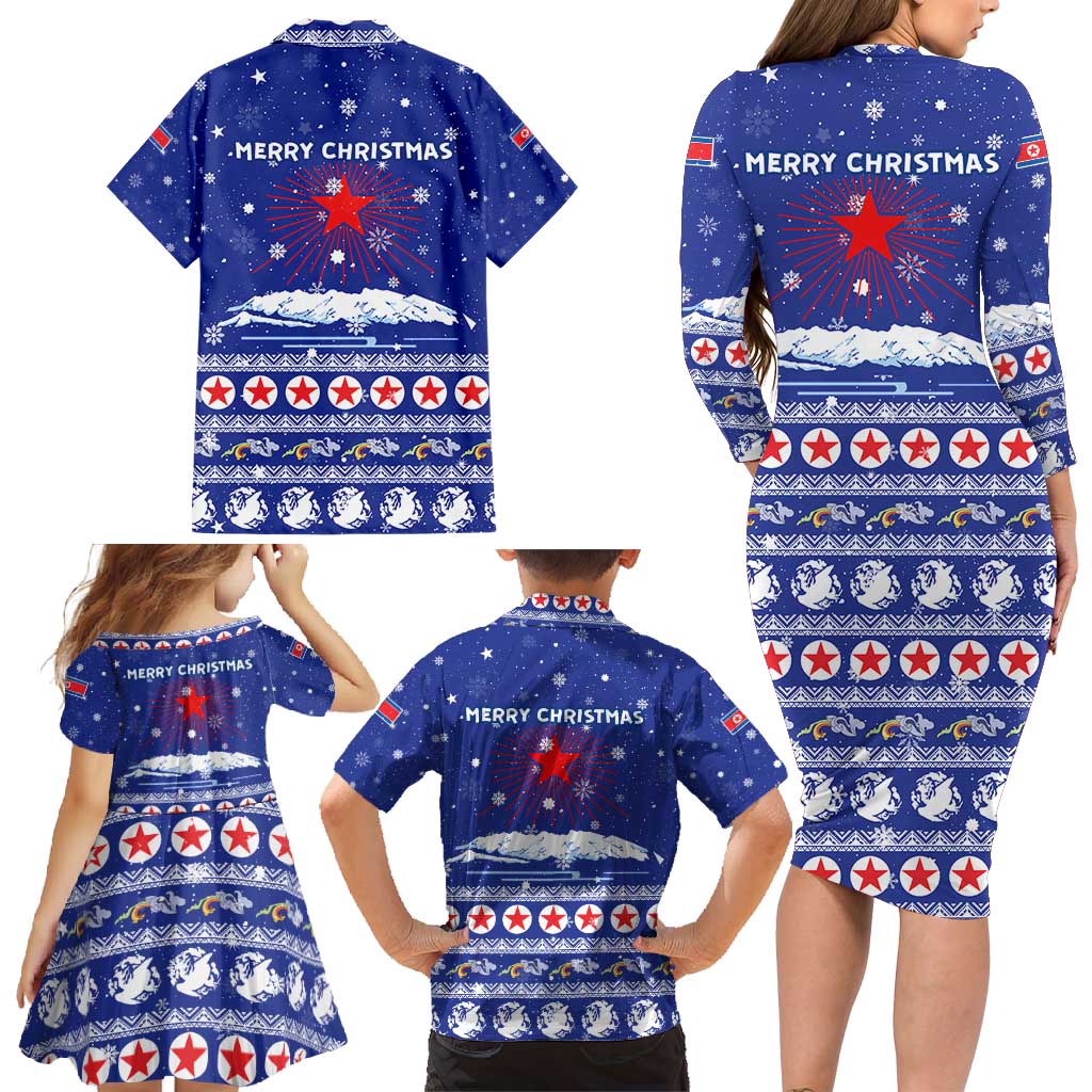 North Korea Christmas Family Matching Long Sleeve Bodycon Dress and Hawaiian Shirt with Blue Pattern, Red Star, and Snowy Mountain Motif - Wonder Print Shop