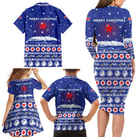 North Korea Christmas Family Matching Long Sleeve Bodycon Dress and Hawaiian Shirt with Blue Pattern, Red Star, and Snowy Mountain Motif - Wonder Print Shop