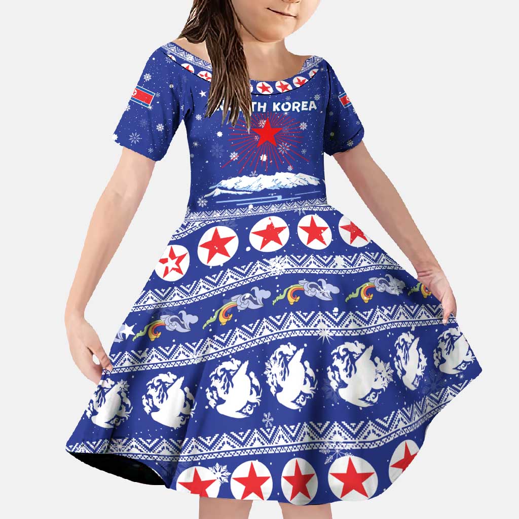 North Korea Christmas Family Matching Mermaid Dress and Hawaiian Shirt with Blue Pattern, Red Star, and Snowy Mountain Motif - Wonder Print Shop