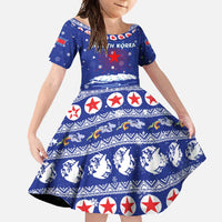 North Korea Christmas Family Matching Mermaid Dress and Hawaiian Shirt with Blue Pattern, Red Star, and Snowy Mountain Motif - Wonder Print Shop