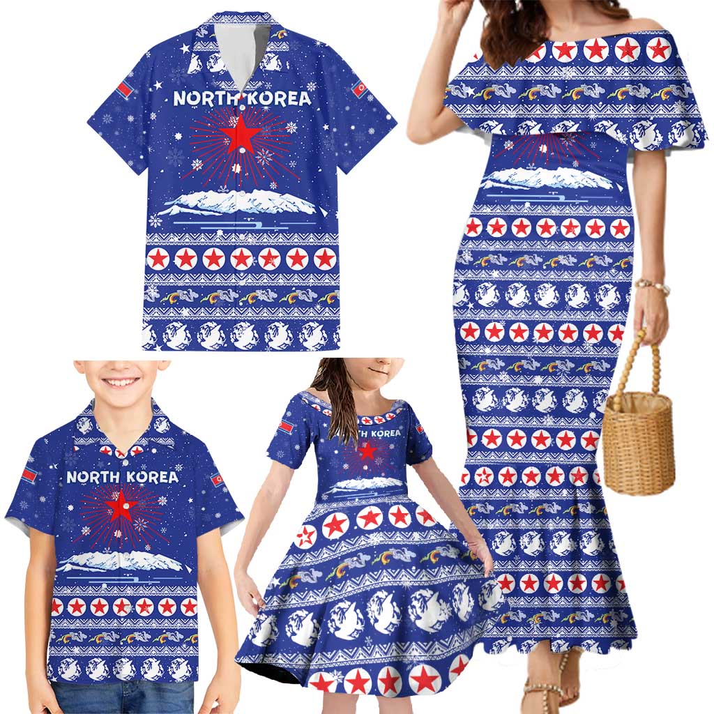 North Korea Christmas Family Matching Mermaid Dress and Hawaiian Shirt with Blue Pattern, Red Star, and Snowy Mountain Motif - Wonder Print Shop