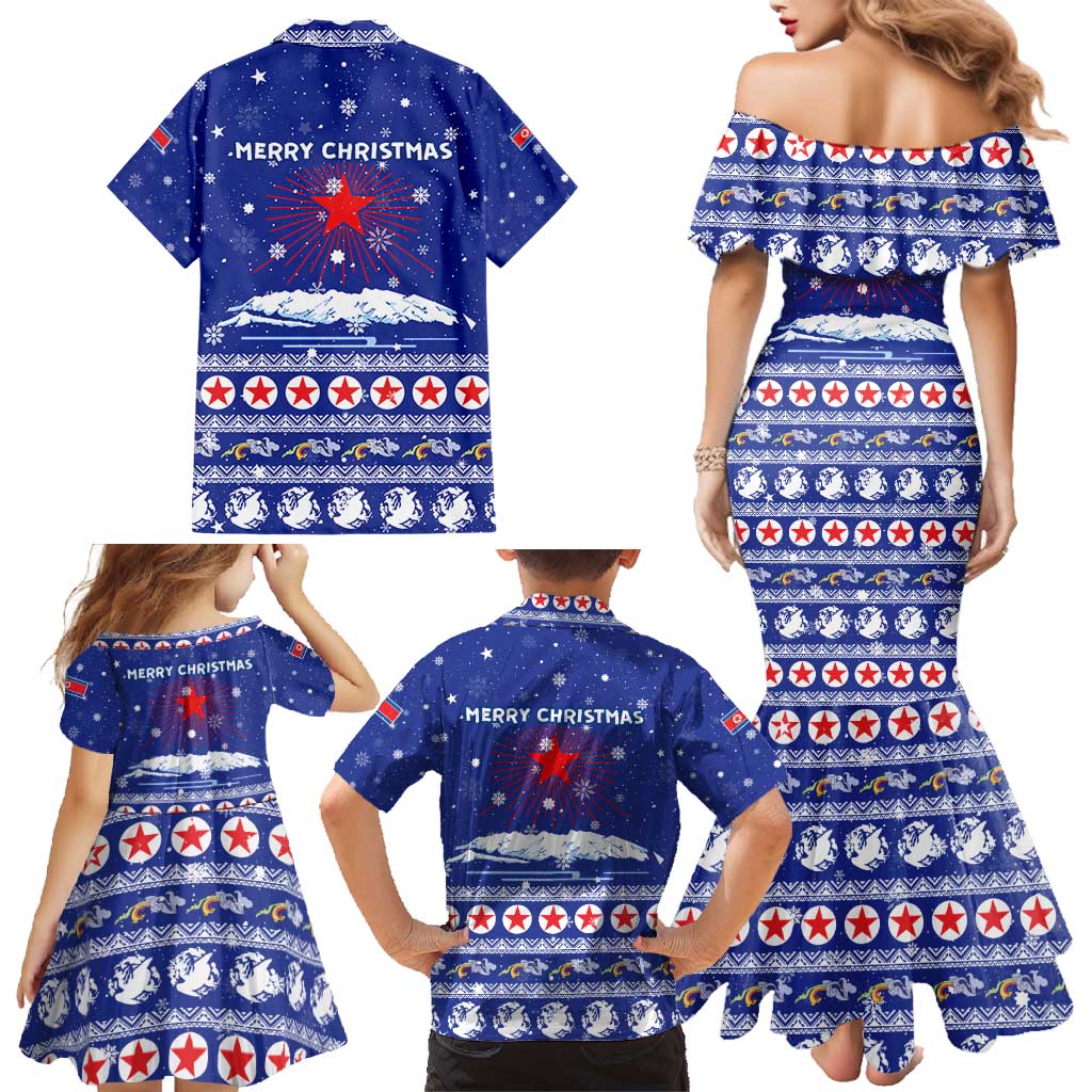 North Korea Christmas Family Matching Mermaid Dress and Hawaiian Shirt with Blue Pattern, Red Star, and Snowy Mountain Motif - Wonder Print Shop