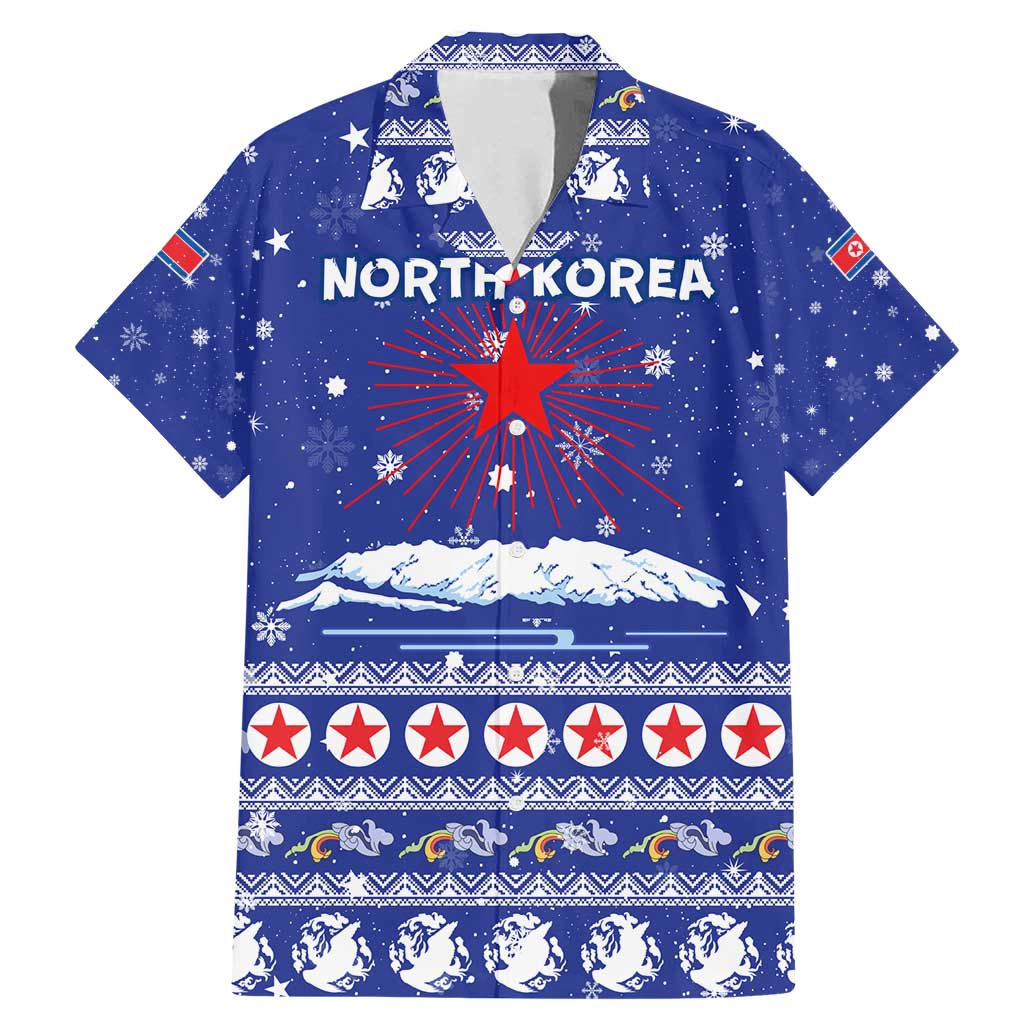North Korea Christmas Family Matching Mermaid Dress and Hawaiian Shirt with Blue Pattern, Red Star, and Snowy Mountain Motif - Wonder Print Shop