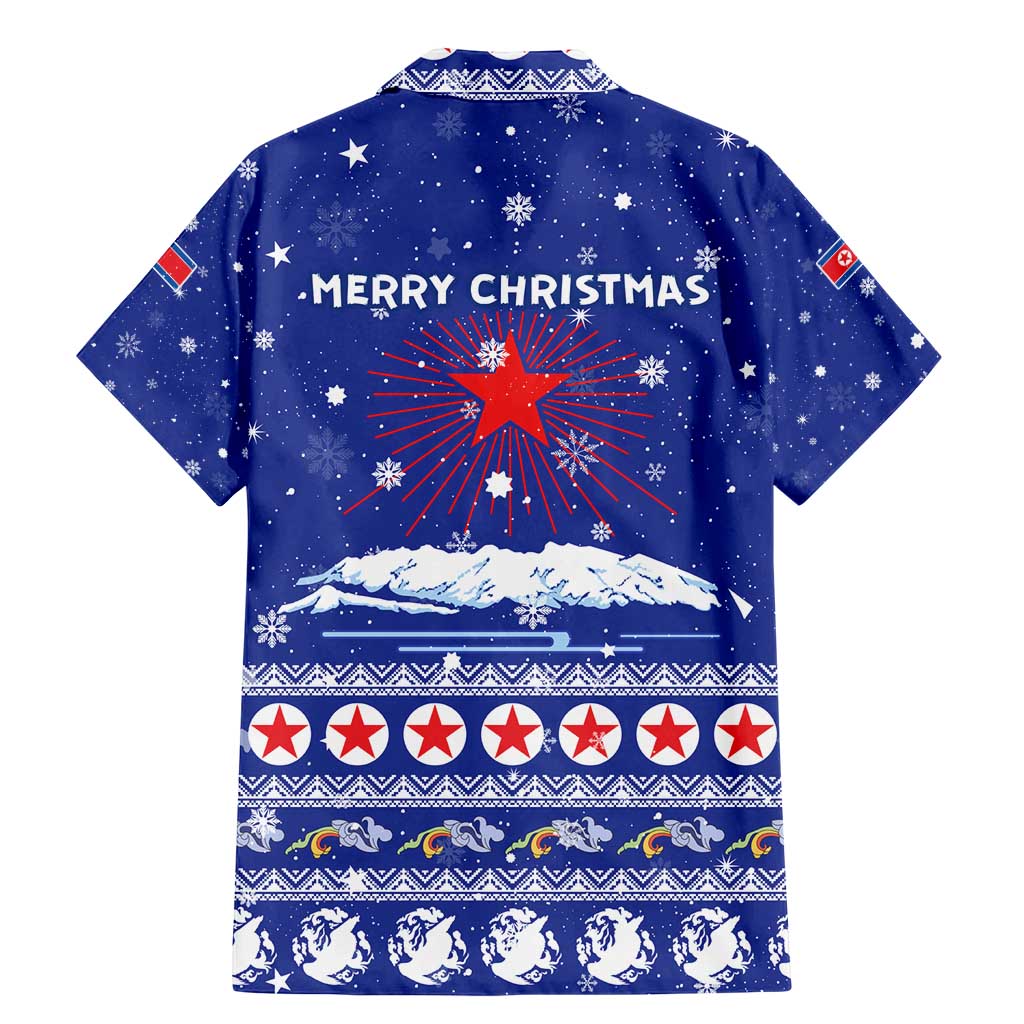 North Korea Christmas Family Matching Mermaid Dress and Hawaiian Shirt with Blue Pattern, Red Star, and Snowy Mountain Motif - Wonder Print Shop