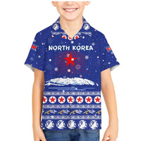 North Korea Christmas Family Matching Mermaid Dress and Hawaiian Shirt with Blue Pattern, Red Star, and Snowy Mountain Motif - Wonder Print Shop