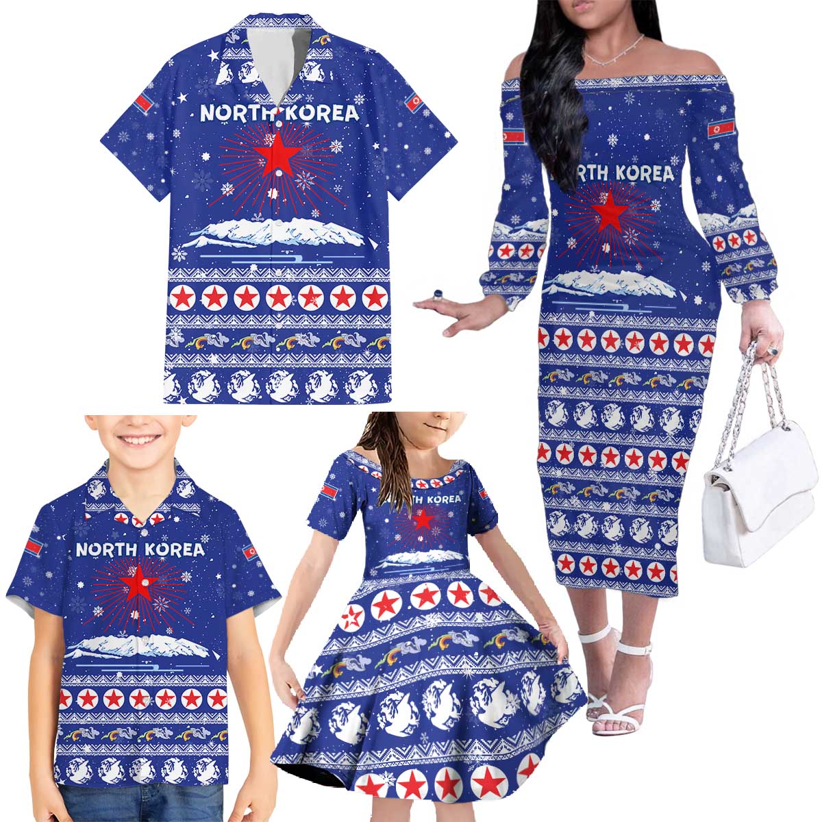 North Korea Christmas Family Matching Off The Shoulder Long Sleeve Dress and Hawaiian Shirt with Blue Pattern, Red Star, and Snowy Mountain Motif - Wonder Print Shop