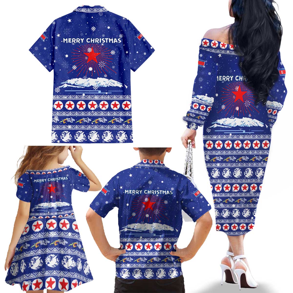 North Korea Christmas Family Matching Off The Shoulder Long Sleeve Dress and Hawaiian Shirt with Blue Pattern, Red Star, and Snowy Mountain Motif - Wonder Print Shop
