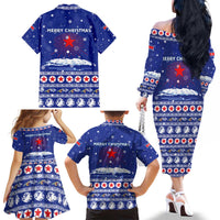 North Korea Christmas Family Matching Off The Shoulder Long Sleeve Dress and Hawaiian Shirt with Blue Pattern, Red Star, and Snowy Mountain Motif - Wonder Print Shop