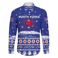 North Korea Christmas Family Matching Off The Shoulder Long Sleeve Dress and Hawaiian Shirt with Blue Pattern, Red Star, and Snowy Mountain Motif - Wonder Print Shop