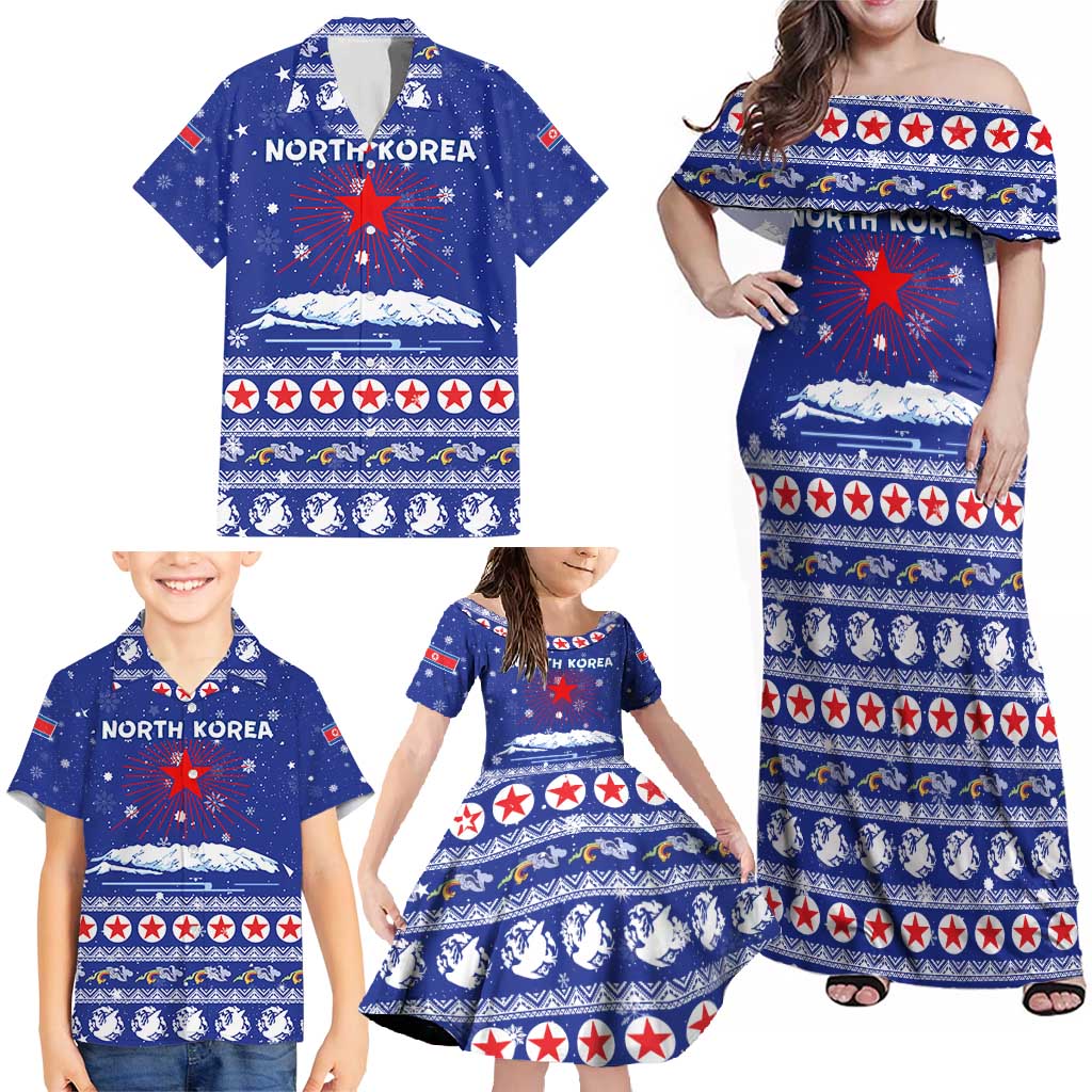 North Korea Christmas Family Matching Off Shoulder Maxi Dress and Hawaiian Shirt with Blue Pattern, Red Star, and Snowy Mountain Motif - Wonder Print Shop