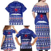 North Korea Christmas Family Matching Off Shoulder Maxi Dress and Hawaiian Shirt with Blue Pattern, Red Star, and Snowy Mountain Motif - Wonder Print Shop