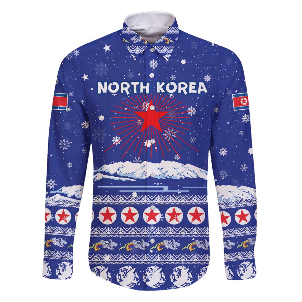 North Korea Christmas Family Matching Off Shoulder Maxi Dress and Hawaiian Shirt with Blue Pattern, Red Star, and Snowy Mountain Motif - Wonder Print Shop