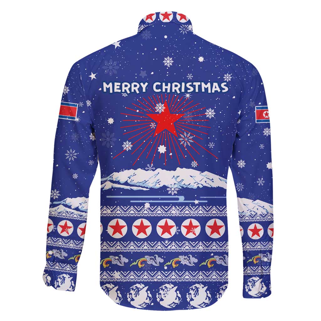 North Korea Christmas Family Matching Off Shoulder Maxi Dress and Hawaiian Shirt with Blue Pattern, Red Star, and Snowy Mountain Motif - Wonder Print Shop