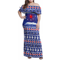 North Korea Christmas Family Matching Off Shoulder Maxi Dress and Hawaiian Shirt with Blue Pattern, Red Star, and Snowy Mountain Motif - Wonder Print Shop