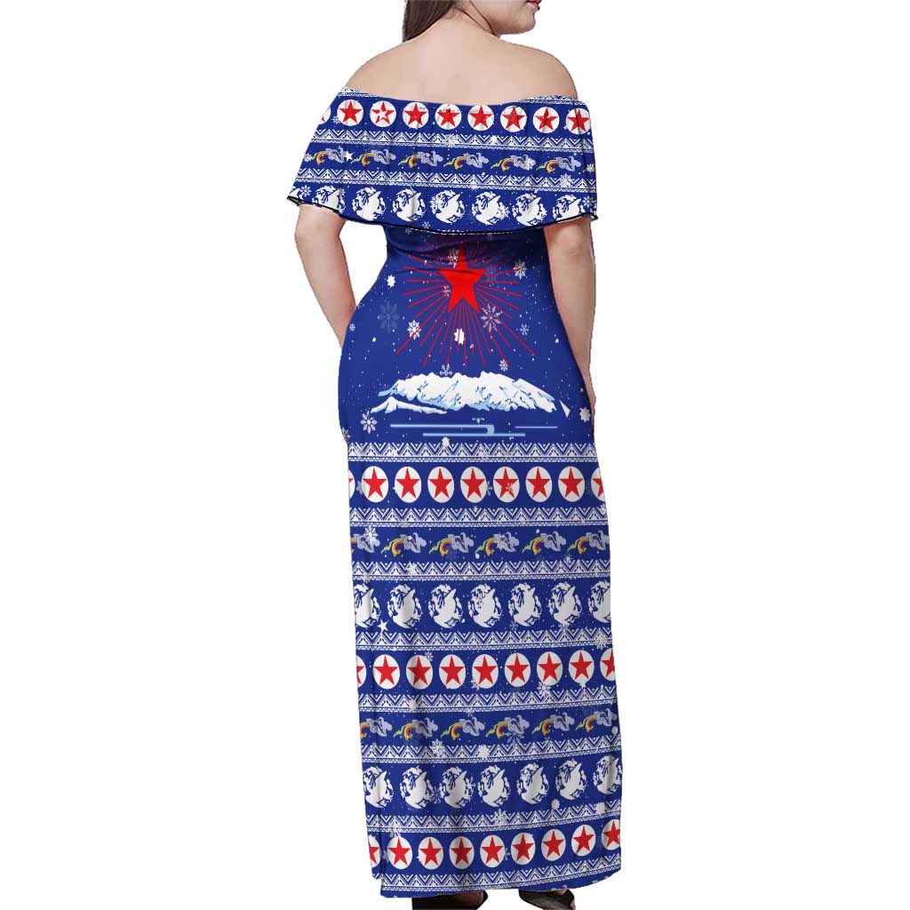 North Korea Christmas Family Matching Off Shoulder Maxi Dress and Hawaiian Shirt with Blue Pattern, Red Star, and Snowy Mountain Motif - Wonder Print Shop