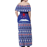 North Korea Christmas Family Matching Off Shoulder Maxi Dress and Hawaiian Shirt with Blue Pattern, Red Star, and Snowy Mountain Motif - Wonder Print Shop